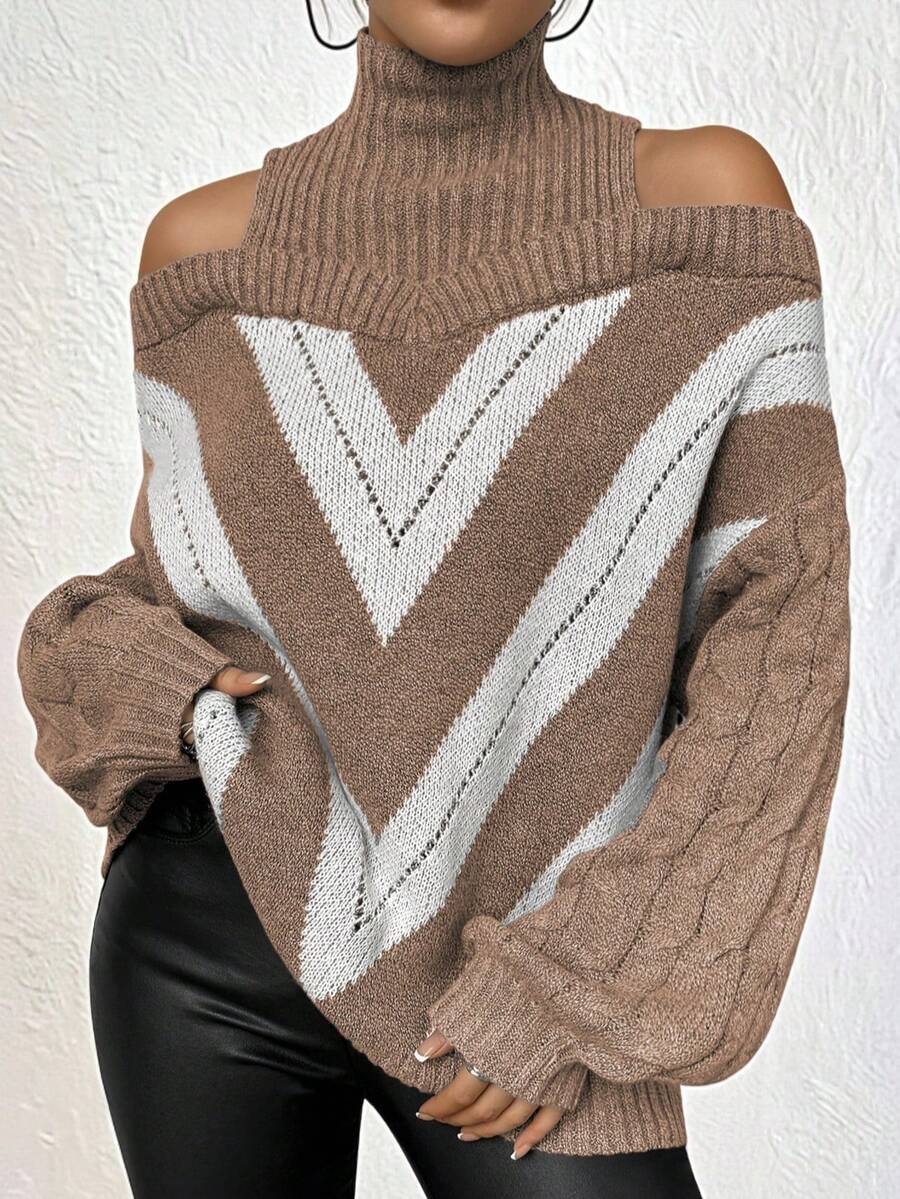 大码露肩高领撞色宽松毛衣 - 卡其色 - 查看 1