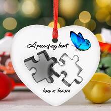 1 Piece White Ceramic Memorial Ornament - Puzzle Heart Shape With Black Interlocking Pieces And Blue Butterfly, "A Piece Of My Heart Is In Heaven" Memorial Gift, Suitable For Loss Of Loved Ones, Christmas Tree Or Window Hanging Decoration - 3*2.7英寸 - 查看 2