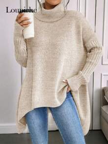 Women's Winter Warm Turtleneck Knitted Sweater - Plush Fleece-Lined, Wave Hem, Cold-Resistant Loose Fit Pullover For Cozy Winter Fashion - 卡其色 - 查看 2