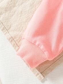 2pcs Baby Girls' Casual Solid Color Bow Decor Long Sleeve Top And Printed Faux Denim Pattern Pants Set, Spring/Autumn - Pink - View 5