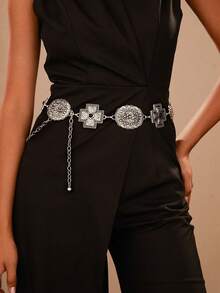 1pc Vintage Floral Cross Elegant Metal Fashion Versatile Body Chain Dress, Suitable For Spring, Summer, Autumn, Winter, Party, Wedding, Women Waist Chain - Antique Silver - View 1