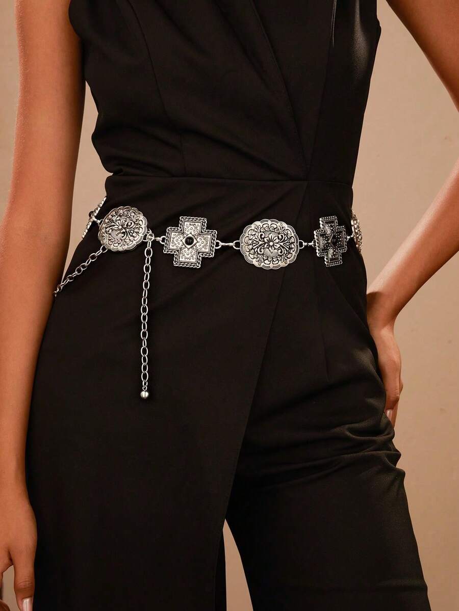 1pc Vintage Floral Cross Elegant Metal Fashion Versatile Body Chain Dress, Suitable For Spring, Summer, Autumn, Winter, Party, Wedding, Women Waist Chain - Antique Silver - View 1