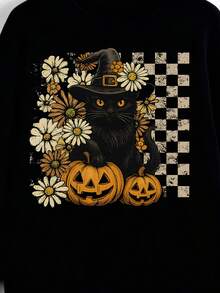 Boho Floral Fall, Spooky Black Cat, Pumpkin Print Casual Crew Neck Long Sleeve High-Quality Fleece Sweatshirt For Women, Halloween, Nightmare Before Christmas - Black - View 2