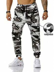 Men's Camo Casual Pants, Lightweight Drawstring Utility Cargo Pants, Emo, 2000s Style, Fall - Grey - View 1