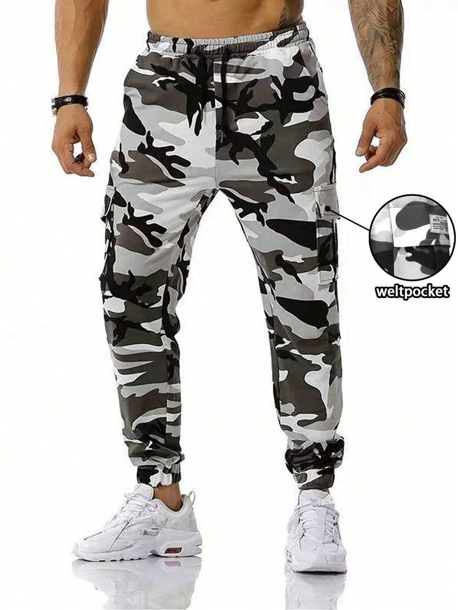 Men's Camo Casual Pants, Lightweight Drawstring Utility Cargo Pants, Emo, 2000s Style, Fall - Grey - View 1