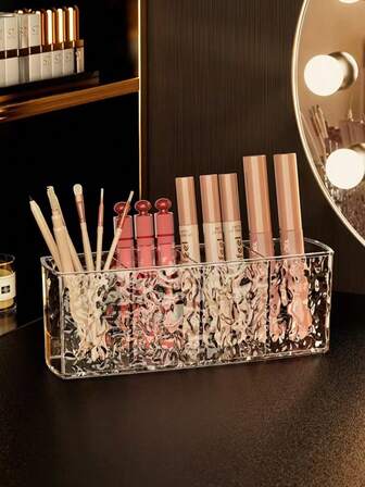 1 pieza Caja de almacenamiento de cosméticos multifuncional, Organizador de cosméticos multifuncional, Caja de almacenamiento de maquillaje de plástico, Diseño para encimera, Ligero, Resistente a la intemperie, Acabado sin terminar, Con 4 compartimentos para brochas, lápices labiales, cejas, control remoto y lápices, Para decoración del hogar y el baño