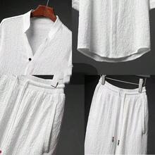 Conjunto de 2 Piezas de Lino para Hombre, Trajes de Vacaciones de Playa de Verano, Camisa de Manga Corta con Botones Informales, Conjuntos de Pantalones Largos Sueltos - 4X Grande + Blanco - Ver 5