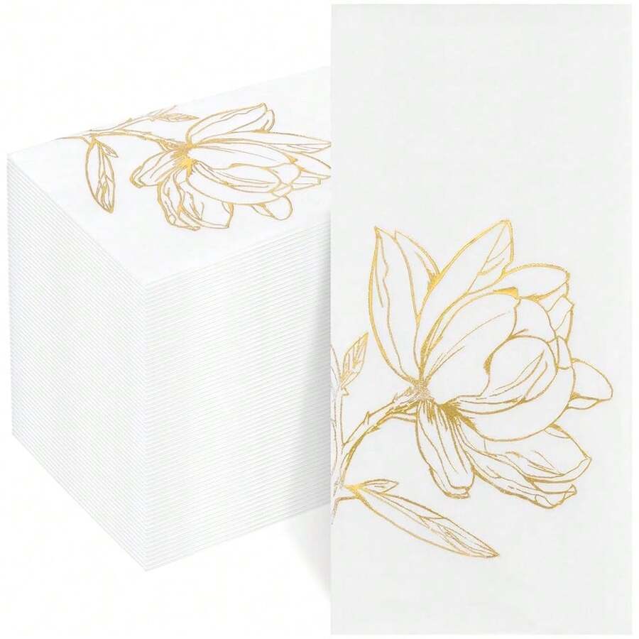 50 Pack Gold Magnolia Napkins - Gold Floral Disposable Napkins - Cloth-Like Feel Dinner Paper - Vintage Heavy Duty Hand Towels For Bathroom Wedding Holiday Party Bridal Decorative Towels,Gold - Gold - 查看 1