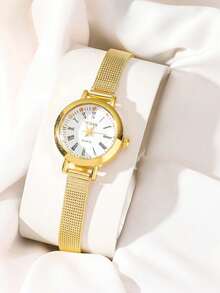 JUSMI 1pc/Set Elegant Fashion Vintage Style Round Dial Women's Watch, Suitable For Daily Matching, Birthday, Gift For Her, Anniversary, Year-End Promotion, Singles' Day, Halloween Promotion And Other Holiday Gifts - Gold - View 4