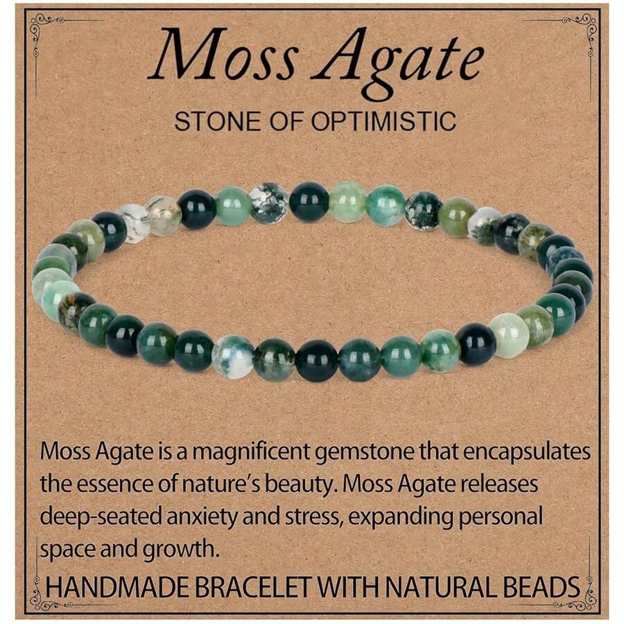 LPBeads Handmade Natural Gemstone Stretch Elastic Bracelet Healing Crystal Round Stone Beads Jewelry Gifts For Women Men,4mm,MossAgate - 苔蘚瑪瑙 - 查看 1
