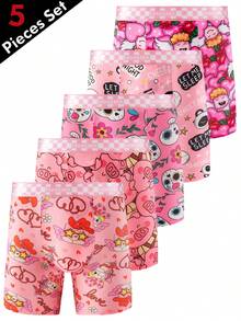 5pcs/Pack Fashionable Pink Printed Men's Long Boxer Briefs, Thin & Breathable - Black - View 1