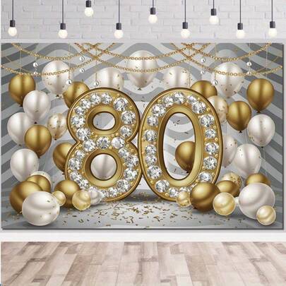 Banner de petrecere cu baloane 2D plate cu 1 diamant auriu - decorațiuni pentru ziua de naștere și aniversare de 80 de ani, suport mare din poliester, nu necesită electricitate, perfect pentru sărbători în interior/exterior, baloane de ziua de naștere