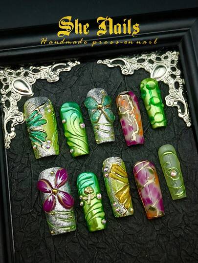 DIY Cute Baroque Nail Art Look With 10pcs Western Style Y2K Style Chinese Style Acrylic Press On Nails, Green Nails Coloful Nails Summer Naisl Shinning Nails Long Square Nails Pure Hand-Painted Colorful Flowers, Water Ripples, 3D Metallic Lines Water Droplets Long Square Shaped Pure Handmade Acrylic Press On Nails, Suitable For Girls To Use Wear With Free Gel Sticker Nails File.