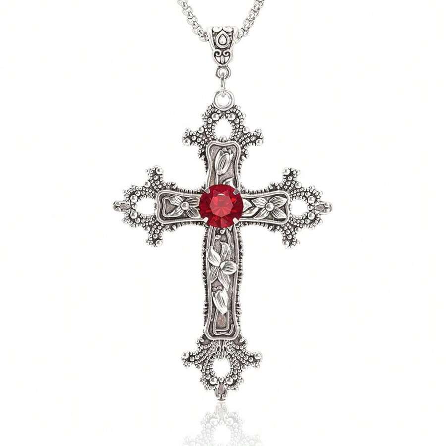 Gothic Cross Necklace Silver-Tone Pendant With Glass Stone, On 25" Steel Chain, Cross Necklace For Women, Large Goth Silver Cross Necklaces For Man, Big Y2k Necklaces, Halloween Jewelry,Red - 紅色 - 查看 1