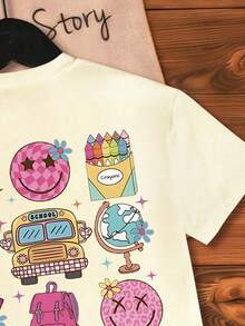 Cartoon Smiling Face Print Round Neck Short Sleeve Casual Loose T-Shirt - Apricot - View 6