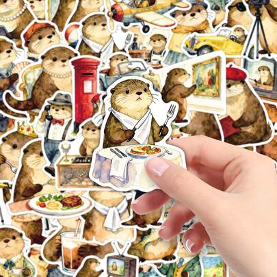 50個 かわいい動物 カワウソ/猫 カートゥーン ステッカー、収納ボックス、カップ、壁などに使える創造的な装飾ステッカー