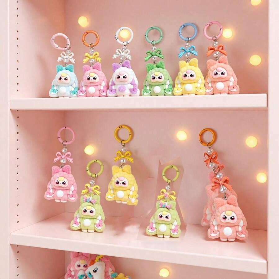 1个可爱卡通玩偶毛绒钥匙扣 - 蓬松毛绒钥匙圈，适合装饰包包/车钥匙，是送给女孩的完美礼物，彩虹毛绒兔子钥匙扣 - 可爱的卡通玩偶钥匙圈，柔软的毛绒动物吊坠 - 彩色 - 查看 1