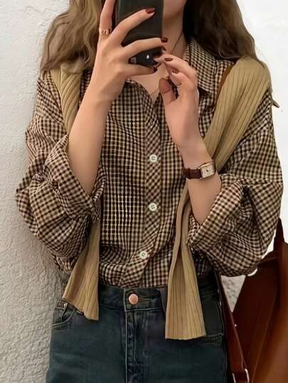 Women's Casual Plaid Long Sleeve Shirt, Button Front Dropped Shoulder Blouse Top, Regular Fit Woven Fabric