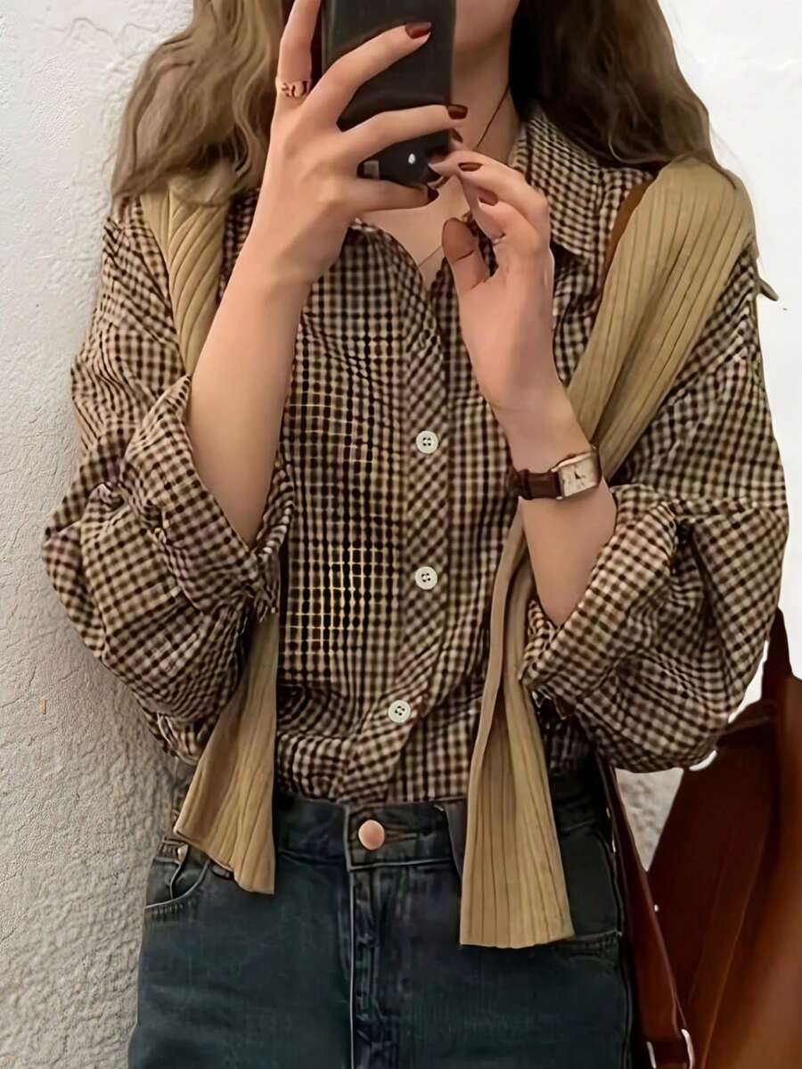 Women's Casual Plaid Long Sleeve Shirt, Button Front Dropped Shoulder Blouse Top, Regular Fit Woven Fabric - Brown - View 1