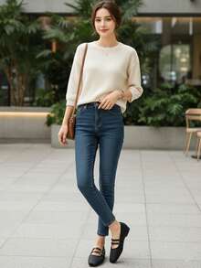 WHDXY Giày đế vuông thời trang nữ, Giày đế bằng kiểu Pháp Fairy Style, Giày ba lê đế xuồng đi làm, Trang phục thường ngày với quần jeans - màu đen - Xem 8