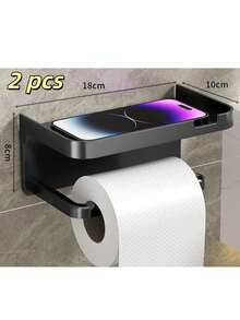 2/1 Pc No Drilling Matte Black Tissue Holder Wall Mounted - Self-Adhesive Toilet Paper Hanger With Sturdy Storage Rack, Premium Adhesive Tape For Strong Adhesion, Suitable For Bathroom, Kitchen, Toilet, Small Spaces - Modern Space-Saving Bath Organizer With Sleek Matte Finish - Multicolor - View 14