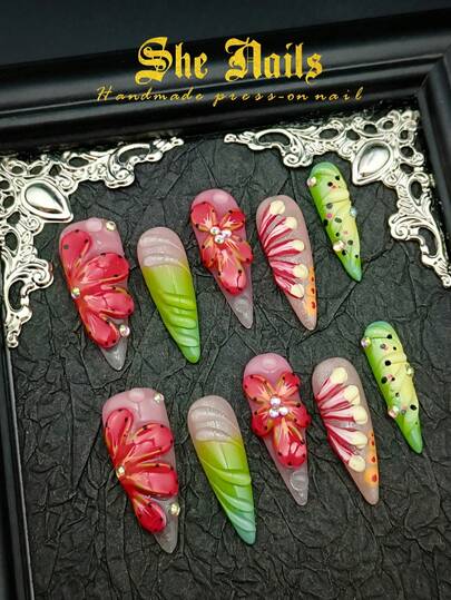 New Items For Halloween Month: DIY 10pcs Of Special Western Style Y2K Style European & American Style Long Pointed Acrylic Press On Nails, Green Nails, Red Nails, Coloful Nails,Summer Naisl Shinning Nails: Pure Hand-Painted Gradient Tropical Floral 3D Craved Flowers Tie Dye Design, Water Ripples