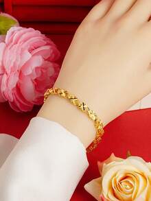 1 pieza Brazalete de acero inoxidable de lujo vintage con trébol de cuatro hojas de moda para mujeres - Amarillo Oro - Ver 6