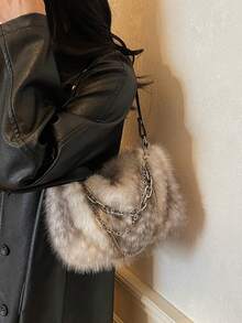 1pc Women's Gradient Deer Spotted Faux Fur Shoulder Bag, Ash Gray, Autumn/Winter - smoke gray - View 7