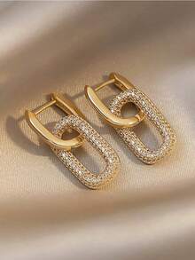 1 Pair Geometric Double-Hoop Copper & Cubic Zirconia Dual-Use Earrings, Suitable For Women's Daily Dates, Parties, And Gift Giving. Minimalist Statement Jewelry Suitable For Daily Wear, Dates, Parties, Weddings & Gift Giving, Sparkly CZ Accent Hoop Earrings Fashionable Lightweight Design For Ladies Teens, Cute Versatile Accessories To Elevate Outfits - 金色 - 查看 6