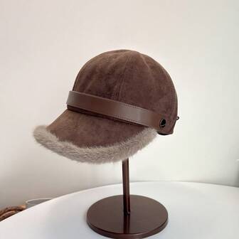 新款纯色鹿皮绒面渔夫帽，秋冬季加绒毛边休闲时尚贝雷帽，衬托女士冬装