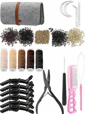 29件套接发工具套装：1把钳子，1000个硅胶内衬微型环，5卷缝纫线，8根C/J/I型针，1个穿线器，1个钩针，1把梳子，6个发型夹，接发工具，发型设计套装，美发工具套装
