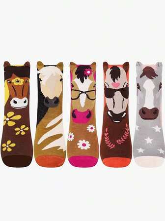 5 Pairs Women's Personalized Animal Cartoon Pony Pattern Comfortable Mid-Calf Socks