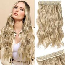 Clip In Hair Extensions, 20" One Piece Hair Extension Clip In Wefts Long Thick Beach Wavy Natural Soft Synthetic Hairpieces For Women, Dark Ash Blonde,DarkAshBlonde-Wavy - 深灰金色波浪捲髮 - 查看 1