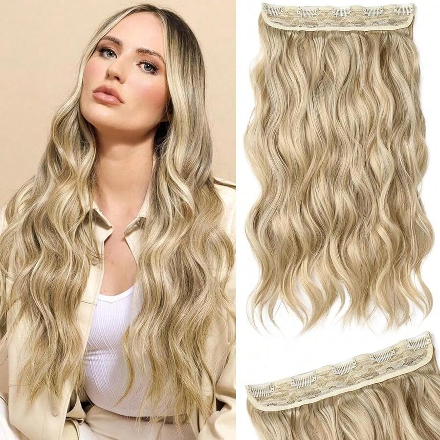 Clip In Hair Extensions, 20" One Piece Hair Extension Clip In Wefts Long Thick Beach Wavy Natural Soft Synthetic Hairpieces For Women, Dark Ash Blonde,DarkAshBlonde-Wavy - 深灰金色波浪捲髮 - 查看 1