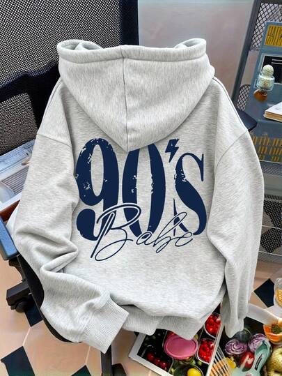 90年代复古风印花卫衣，浅灰色可爱女式卫衣，Y2K秋冬女装，冬季女装，2025新款秋冬女装，纯色长袖口袋落肩休闲连帽卫衣