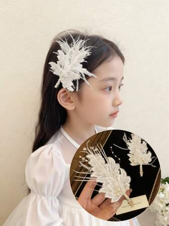 2个儿童精美刺绣串珠白色叶子发夹，新娘发饰，饰有可爱水晶珠和珍珠，适合日常佩戴和派对场合