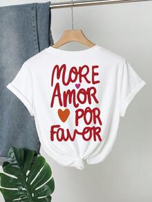 Women's Casual Round Neck T-Shirt, Decorated With Red Heart Pattern And "MORE AMOR POR FAVOR" Text, Knitted Fabric, Short Sleeve Top, Suitable For Spring And Summer, Accented With Orange And Pink, Women's T-Shirt - White - View 1