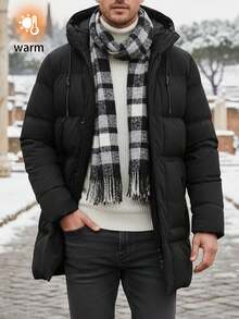 Herren einfarbiger minimalistischer Kapuzenmantel mit Mittellanger Wattierung, Winter - Schwarz - Übersicht 2