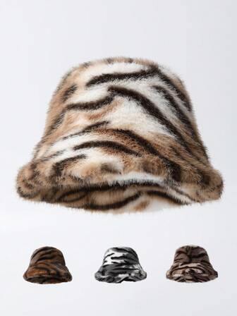 1 pieza Sombrero de cubo con estampado de tigre esponjoso para mujer, otoño/invierno, protección de orejas gruesa y cálida, ajuste elegante para rostro pequeño, accesorio de moda versátil para el invierno