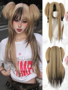 28Inch Black Coffee Blonde Mixed Synthetic Wigs With Bangs And Double Ponytails Long Straight Hair Wig Suitable For Women Heat Resistant Daily Party Christmas Cosplay