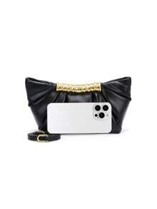 Women's Black Korean Vintage Minimalist Metal Design Handbag, French Pleated Metal Buckle Cloud Bag, Sweet Preppy Style Commute Casual Crossbody Shoulder Bag, Small Size, Suitable For Daily Commute, Shopping, School, Travel, PU Leather - Black - View 8