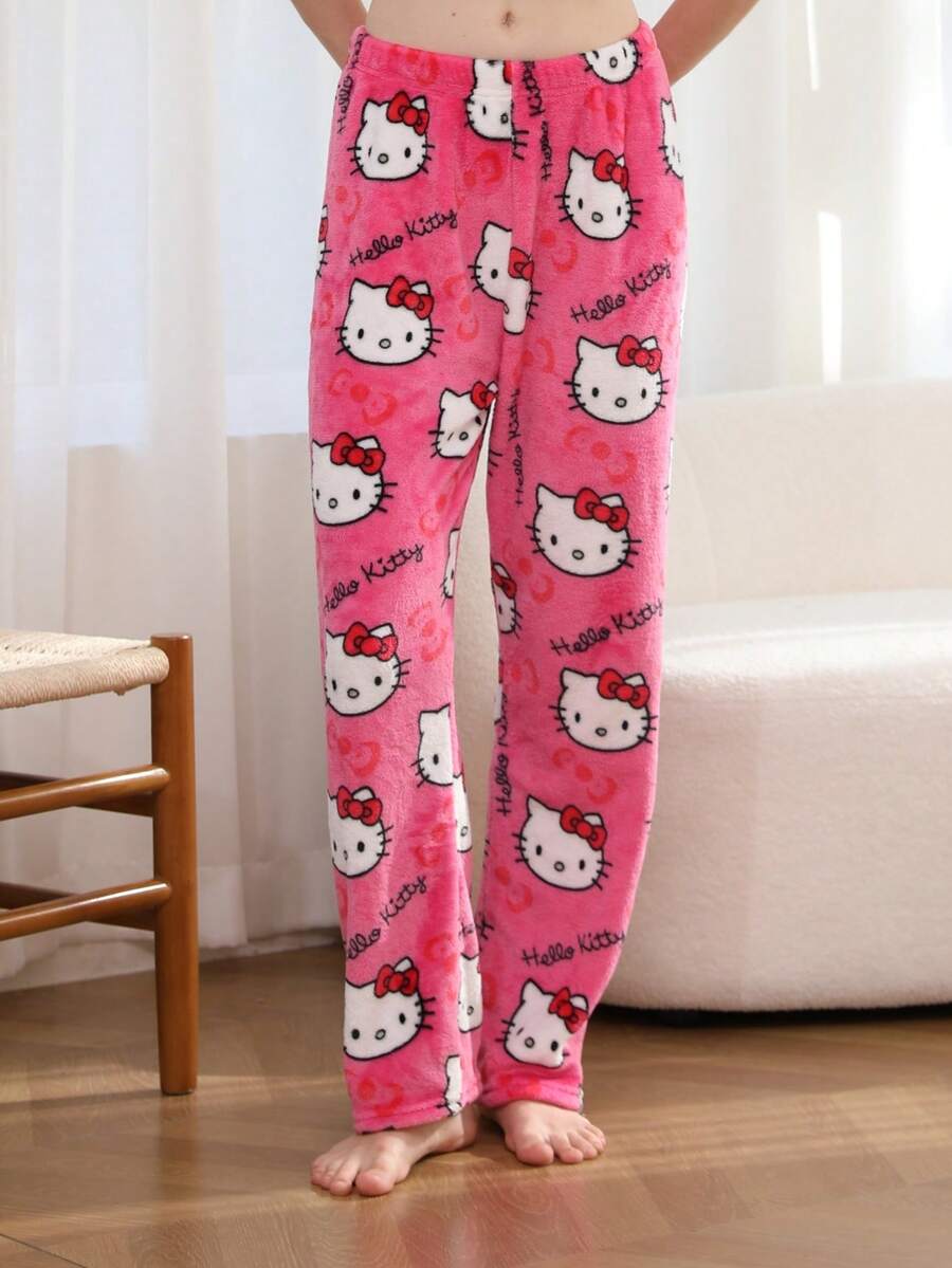 Sanrio 1pc Hello Kitty Officially Licensed Flannel Pants For Teen GirlCute Cartoon Thick Casual Lounge Pants For Girls, Autumn/Winter