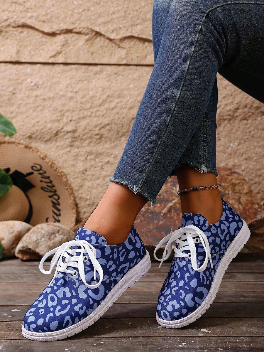 Lace-Up Casual Christmas Spring/Autumn New Cross-Border Floral Print Canvas Shoes, Comfortable Round Toe Fashion Sneakers For Women - Blue - View 1