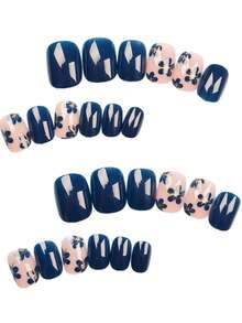 24 miếng dán móng tay hình vuông họa tiết hoa xanh mùa xuân & hè, bề mặt bóng, có thể tái sử dụng, trang trí họa tiết hoa xanh, phù hợp cho nữ. Trang trí móng tay | Thiết kế móng tay hoa | Sơn móng tay bóng, Trang trí móng tay - Xanh đậm - Xem 6