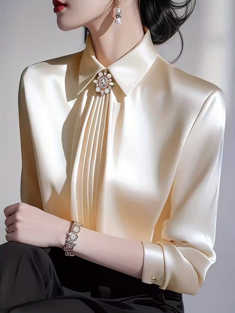 Women's Elegant Solid Satin Blouse, Fashion Collared Long Sleeve Shirt For Work Or Casual Wear, Satin Fabric Is Skin-Friendly And Easy Care, Rhinestone Button Decor, Suitable For Office, Dates, All Seasons - Champagne - View 1