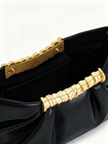 Women's Black Korean Vintage Minimalist Metal Design Handbag, French Pleated Metal Buckle Cloud Bag, Sweet Preppy Style Commute Casual Crossbody Shoulder Bag, Small Size, Suitable For Daily Commute, Shopping, School, Travel, PU Leather - Black - View 7