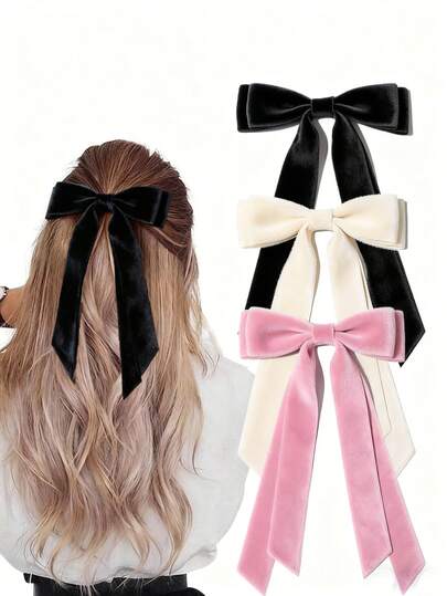 3pcs Velvet Hair Accessories Set, White Bow, Black Bow, Pink Bow, Velvet Ribbon Sailor Bow, Alligator Clips, Cheerleader Hair Clips, Hair Pins, Valentine's Day & New Year Gift, Women & Girls Accessories, Claw Clips, Hair Clips, Head Accessories