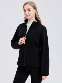 1pc Women's Outdoor Black Long Sleeve Jacket, Warm Fleece Coat, Long Sleeve Outerwear - Black - View 7
