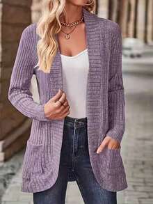 Damen Große Größen Einfarbige Langarm Gestrickte Strickjacke
