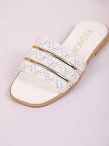 1 Pair Girls' Woven Metallic Strap Strap Sandals - Cute Open Toe Children's Fashion Slides For Everyday Wear And Vacation - White - View 2